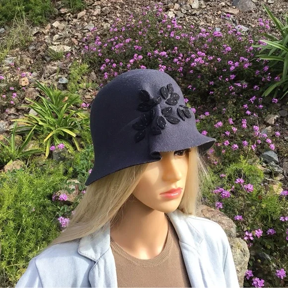 New Cloche Hat 100% wool felt charcoal tone with flowers Giovanni New York